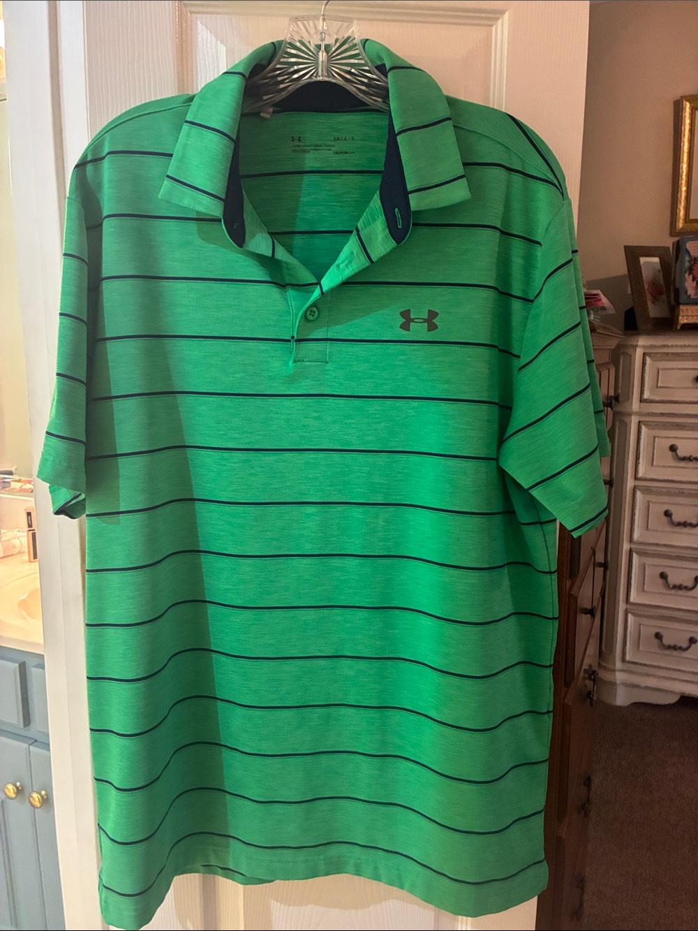 Under Armour Heat Gear Green Navy Striped Golf Polo Shirt SZ L